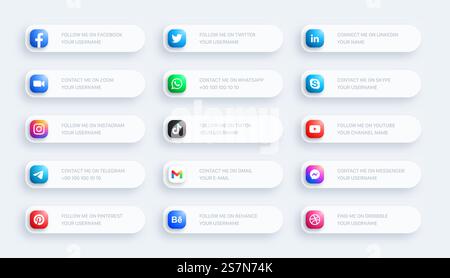 Social Media Network Lower Third Rounded Icons 3D Banner Set On Light Background Stock Vector