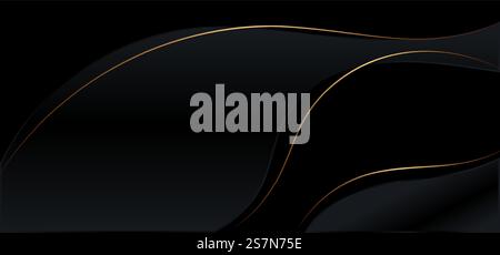 Abstract background black shiny curved shape with gold threads lines luxury style. Vector illustration Stock Vector