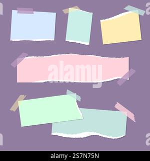 Realistic empty torn colored paper notes with sticky tape on purple background. Vector illustration of mood board mockup with ripped paper scraps. Square shreds of notebook pages.. Realistic empty torn colored paper notes with sticky tape on purple background. Vector illustration of mood board mockup with ripped paper scraps. Square shreds of notebook pages Stock Vector