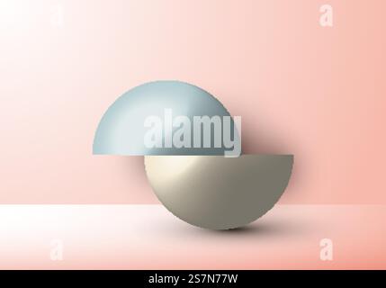 3D realistic emty geometric hemisphere product stand, platform studio room minimal design on soft pink background. Vector illustration Stock Vector