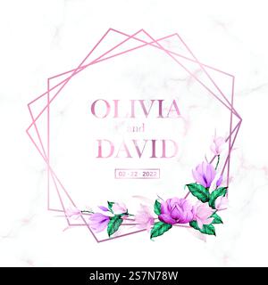 Rose gold geometric frame with floral on marble background for wedding monogram logo and invitation card Stock Vector