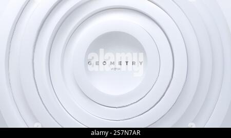 White concentric rings. Abstract futuristic background. Vector geometric illustration. Radial shapes. Futuristic cover design. Minimalist broadcast style concept.. White concentric rings. Abstract background. Stock Vector