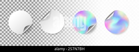 Round empty stickers with rolled corner and shadow. Realistic blank white and iridescent promotional labels with curled edge. Adhesive circle price tag mockup. Vector illustration.. Round empty stickers with rolled corner and shadow. Realistic blank white and iridescent promotional labels with curled edge. Adhesive circle price tag mockup. Vector illustration Stock Vector