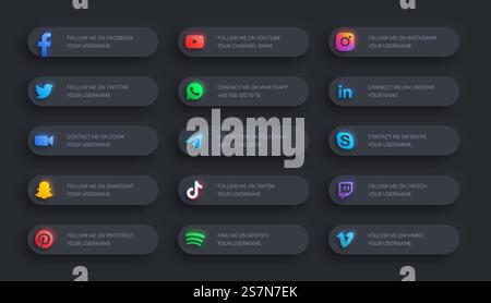Social Media Network Modern Lower Third Glowing Icons 3D Banner Set On Dark Background Stock Vector