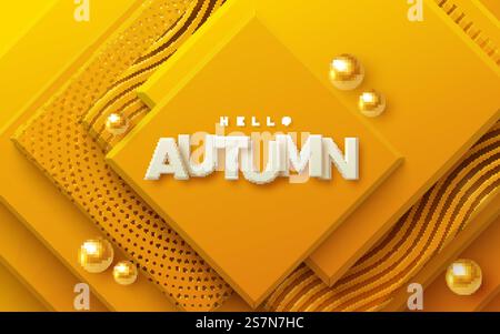 Hello autumn white sign on abstract background with orange geometric planes and golden spheres. Hello autumn. Modern cover design Stock Vector