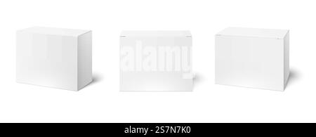 White box mockup. Blank packaging boxes, cube perspective view and cosmetics product package mockups. Cardboard or plastic box or medicine package. Realistic 3d vector illustration isolated icons set. White box mockup. Blank packaging boxes, cube perspective view and cosmetics product package mockups 3d vector illustration set Stock Vector
