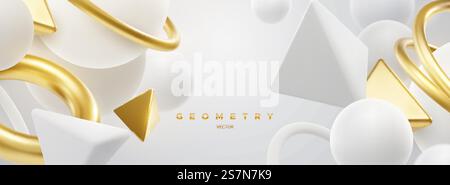 White and golden geometric shapes backdrop. Abstract elegant background with rings, spheres, pyramids. Vector 3d illustration. Flowing geometry primitives composition. Banner or sign design. White and golden geometric shapes backdrop. Abstract elegant background. Stock Vector