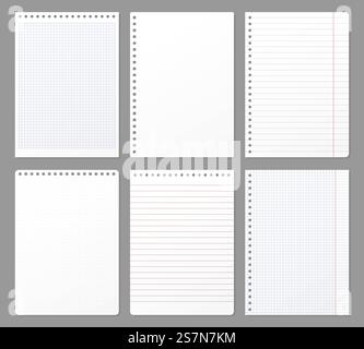 Notebook sheet. Sheets torn from notebook, paper note lined page and copybook notepad padded paper. Office memo notes blank or sketchpad. Isolated vector realistic illustration 3D icons set. Notebook sheet. Sheets torn from notebook, paper note lined page and copybook notepad padded paper vector illustration set Stock Vector