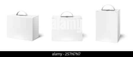 Box case with handle. Package boxes mockup, blank white packaging handles and cardboard product packing. Cosmetic products advertising bag. Realistic 3d vector illustration isolated icons set. Box case with handle. Package boxes mockup, blank white packaging handles and cardboard product packing 3d vector illustration set Stock Vector