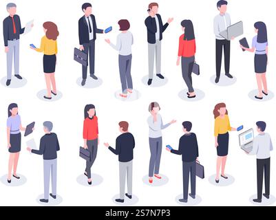 Isometric office people. Business persons, bank employee and professional corporate businessman. Executive meeting, teamwork professional collaboration. Vector 3D illustration isolated icons set. Isometric office people. Business persons, bank employee and professional corporate businessman vector 3D illustration set Stock Vector