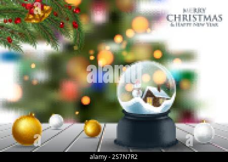 Vector christmas snowglobe on wood table on snowfalls background Stock Vector