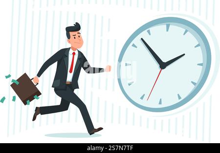 Businessman against time. Busy business worker catching up watch clock, running man and late. Clockwork time race, entrepreneur manager fast hurry job deal challenge cartoon vector illustration. Businessman against time. Busy business worker catching up watch clock, running man and late cartoon vector illustration Stock Vector
