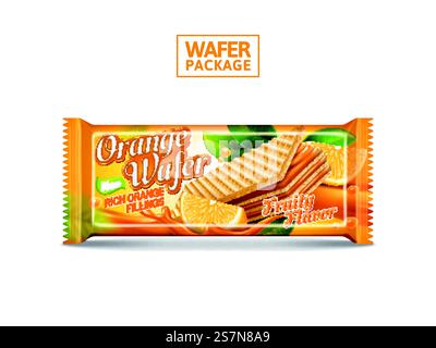 Orange wafer package design, crunchy biscuits foil bag design isolated on white background in 3d illustration. Orange wafer package design Stock Vector