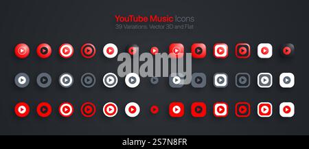 YouTube Music Icons Set Modern 3D And Flat In Different Variations Stock Vector