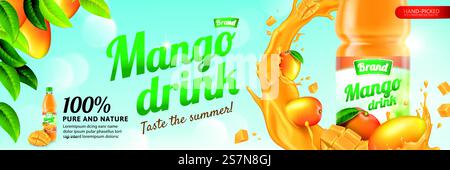 Mango juice in plastic bottle with fresh fruit and swirling liquid in 3d illustration, blue sky background. Mango juice ads Stock Vector