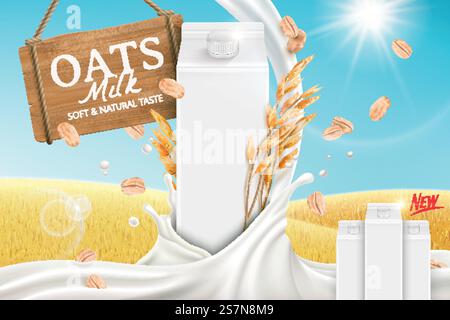 Oats milk ads with swirling liquid and blank carton box on golden grain field in 3d illustration. Oats milk ads with swirling liquid Stock Vector