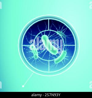 3d illustration of bacteria viewed in cross hair, concept of detecting disease causing microbes, isolated on greenish blue background. Bacteria targeted in cross hair Stock Vector
