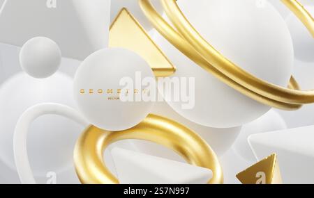 White and golden geometric shapes backdrop. Abstract elegant background with rings, spheres, pyramids. Vector 3d illustration. Flowing geometry primitives composition. Banner or sign design. White and golden geometric shapes backdrop. Abstract elegant background. Stock Vector