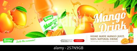 Mango juice in plastic bottle with fresh fruits hit together in 3d illustration. Mango juice ads Stock Vector