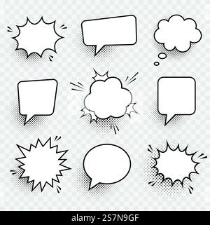 Retro empty comic speech bubbles set with black halftone shadows. Vintage design, pop art style - stock vector. Stock Vector