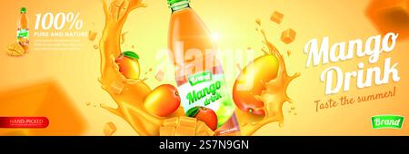 Mango juice in plastic bottle with fresh fruit and swirling liquid in 3d illustration. Mango juice ads Stock Vector