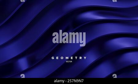Wavy navy blue ribbons. Minimalist indigo background. Abstract geometric backdrop. Vector 3d illustration. Sliced surface. Smooth violet shapes. Striped decoration. Wavy ribbons. Minimalist indigo background Stock Vector