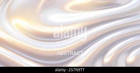 Pearlescent surface with wavy ripples. Vector 3d illustration. Abstract creamy background. Fluid leak backdrop. Decoration for futuristic design. White viscous substance. Pearlescent surface with wavy ripples. Stock Vector