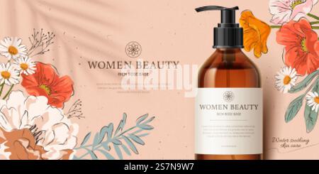 Promo banner for fragrant cleansing product mock-up, decorated with beautiful hand-drawn flowers and palm leaf shadow on peach pink background, 3d illustration. Banner ad for cleansing product Stock Vector
