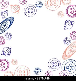 Wooden plastic buttons for clothes, sewing craft supplies for decoration. Hand drawn ink vector illustration. Frame isolated on white background Stock Vector