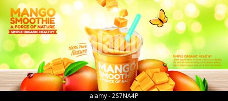 Mango smoothie banner ads on bokeh green glitter background in 3d illustration. Mango smoothie banner ads Stock Vector