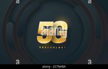 5G technology golden sign with circuit board texture on black geometric background Stock Vector