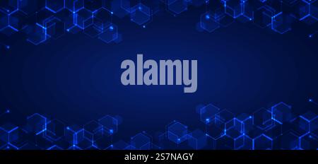 Abstract technology connect concept blue geometric hexagons pattern with glowing light on dark background. Medical, tech or science design. Vector illustration Stock Vector