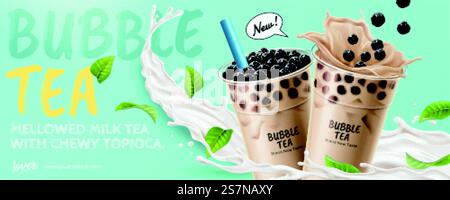 Bubble tea banner ads with splashing milk and green leaves, 3d illustration. Bubble tea banner ads Stock Vector