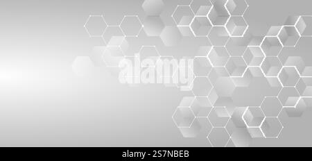 Abstract technology or medical concept white and gray glowing hexagons shape pattern background. Ideas for health care tech, innovation medicine, science and research. You can use for template cover brochure, banner web, print ad, flyer, etc. Vector illustration Stock Vector