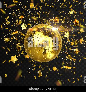 Discoball with confetti and stars isolated on black transparent background. Discoball isolated on black transparent background. Stock Vector