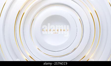 White circle shapes with golden stripes. Abstract geometric background. Vector 3d illustration. Concentric rings backdrop. Elegant cover design. Abstract background with white circle shapes and golden stripes Stock Vector