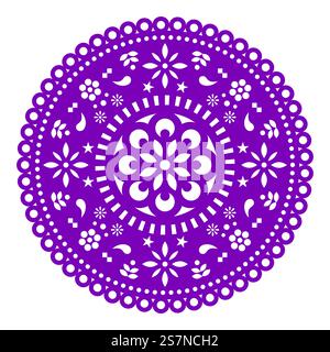 Papel Picado vector floral template round design with flowers, Mexican party paper decorations pattern in purple Stock Vector