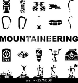 mountaineering tool sport icons set vector. adventure climbing, extreme equipment, climber activity, alpinism hiking, rope mountaineering tool sport glyph pictogram Illustrations. mountaineering tool sport icons set vector Stock Vector