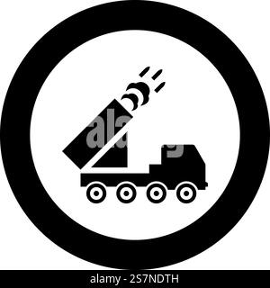 Multiple launch volley reactive rocket system fire shoots missiles icon in circle round black color vector illustration image solid outline style simple. Multiple launch volley reactive rocket system fire shoots missiles icon in circle round black color vector illustration image solid outline style Stock Vector