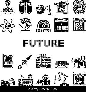 future technology digital data icons set vector. tech futuristic, business internet, communication network, modern information future technology digital data glyph pictogram Illustrations. future technology digital data icons set vector Stock Vector