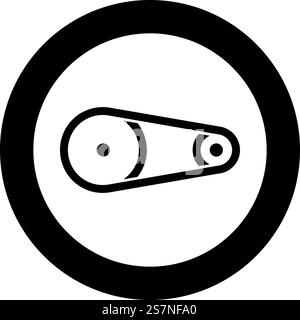 Belt transmission mechanism with two pulleys drive part automobile tension rollers engine spare auto repair wheels with rubber tape V-belt Automotive concept icon in circle round black color vector illustration image solid outline style simple. Belt transmission mechanism with two pulleys drive part automobile tension rollers engine spare auto repair wheels with rubber tape V-belt Automotive concept icon in circle round black color vector illustration image solid outline style Stock Vector