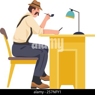 Detective sitting by desk working on case, isolated private investigator smoking pipe and writing papers under lamp. Making research and analyzing events, solving mystery. Vector in flat style. Officer or detective sitting by desk and working Stock Vector