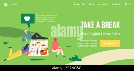 Digital detox rules, take a break and rest from screen of smartphones and computers. Wellbeing and mental wellness for people. Website landing page template, online site. Vector in flat style. Take a break, read digital detox rules, website Stock Vector