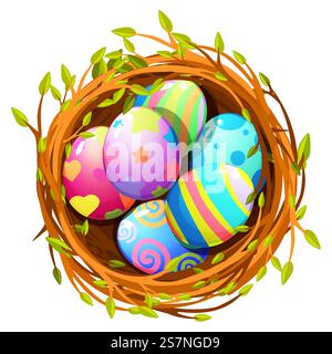 Easter colorful eggs in bird nest for your greeting card, stickers, invitations and many other designs. Vector illustration in flat cartoon style Stock Vector