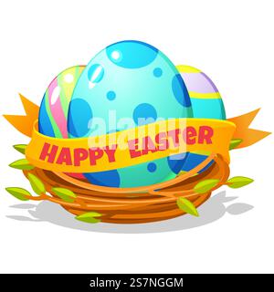 Easter colorful decorated eggs in bird nest for your greeting card, stickers, invitations and many other designs. Vector illustration in flat cartoon Stock Vector