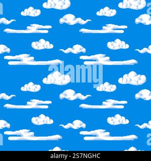 Pixelated clouds on clear sky, white mass for video and 8 bit game development and design. Nature and location of levels. Seamless pattern, wallpaper background or print. Vector in flat style. Clear sky with clouds, pixelated art seamless Stock Vector