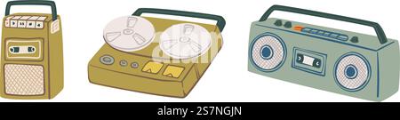 Recording and playing music, isolated devices for cassettes. Player or magnetophone with loudspeakers and buttons for next or previous composition. Entertainment systems. Vector in flat style. Retro and vintage recording and playing systems Stock Vector