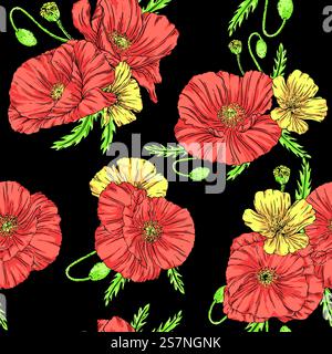 Hand drawn seamless pattern in vintage style with poppies and wildflowers on a dark background. Fabric wallpaper print texture. Vector illustration. Floral bouquet decoration. Garden flowers. Stock Vector