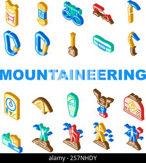 mountaineering tool sport icons set vector. adventure climbing, extreme equipment, climber activity, alpinism hiking, rope mountaineering tool sport isometric sign illustrations. mountaineering tool sport icons set vector Stock Vector