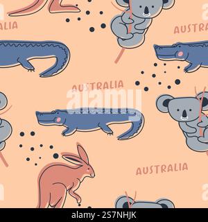 Crocodile and koala, jumping cangaroo, Australian animals and wilderness. Cute personages, wildlife and fauna of Australia. Seamless pattern, wallpaper print or background. Vector in flat style. Australia animals, crocodile and koala prints Stock Vector